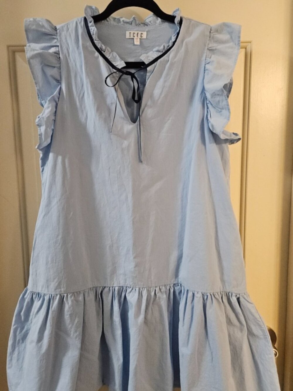 TCEC Powder Blue Ruffle Poplin Tiered Babydoll Dress Tie Neck - Large